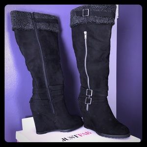 Black wedge wide leg boots